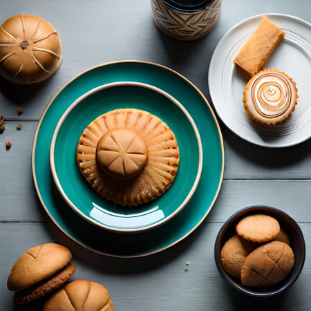 Top view of a plate with cookies and cup of coffee on a wooden table.の素材