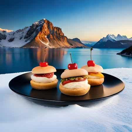 Sandwiches with cherry and cheese on a black plate against the background of mountainsの素材