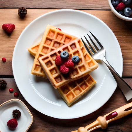 Waffles with fresh berries on a wooden background. Top view.の素材