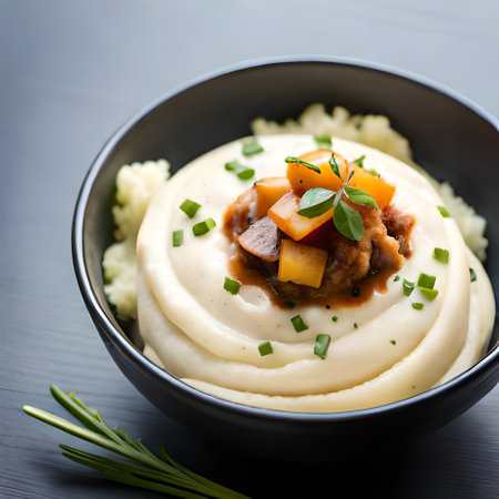 Mashed potatoes with pork and vegetables in black bowl on wooden tableの素材