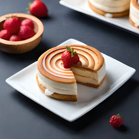 Strawberry cheesecake on a white plate, selective focus.の素材