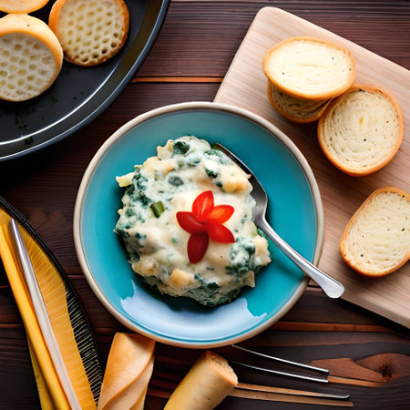 Potato omelette with spinach and cheddar cheese on wooden backgroundの素材