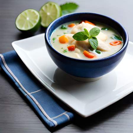 Thai soup with chicken and vegetables in blue bowl on wooden tableの素材