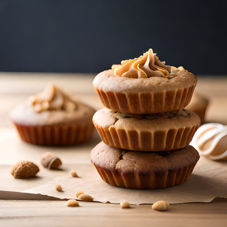 Tasty cupcakes with peanut butter on wooden table, closeupの素材