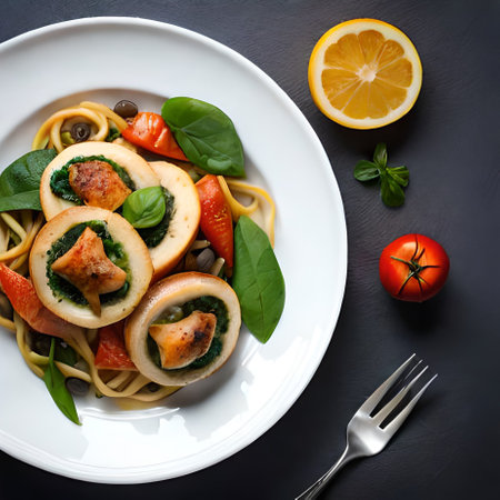 Spaghetti with spinachpus and tomatoes on a black backgroundの素材