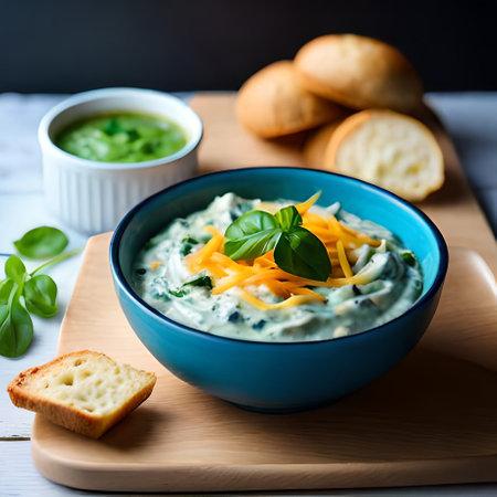 Bowl of greek yogurt soup with zucchini, cheese and basilの素材