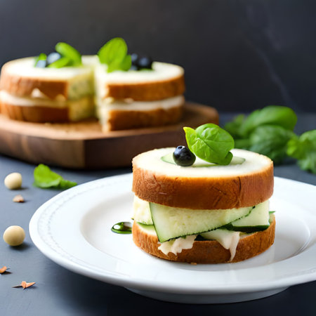 Sandwiches with cucumber, feta cheese and olives on a black backgroundの素材