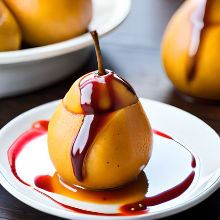 poached pears with chocolate sauce on a wooden background. tinting. selective focusの素材