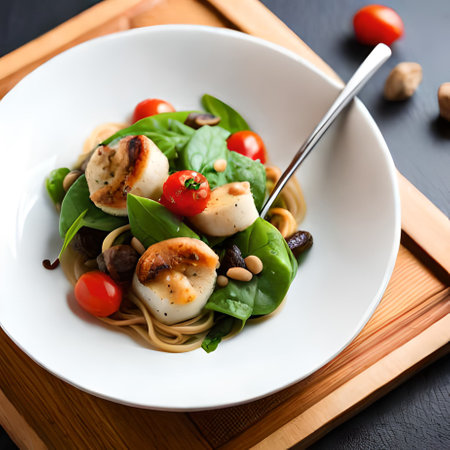 Spaghetti pasta with grilled scallops, cherry tomatoes and basil leavesの素材