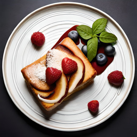 French toast with fresh berries and powdered sugar on a black background.の素材