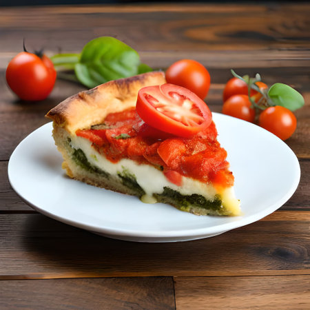 Piece of quiche pie with tomatoes and basil on wooden tableの素材