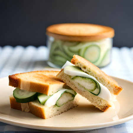 Sandwiches with cucumber and mayonnaise on a plateの素材