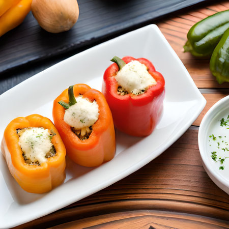 Stuffed red and yellow peppers with feta cheese and sour creamの素材