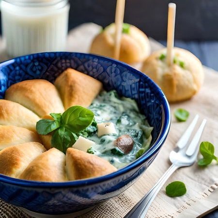 Baked spinach rolls with ricotta cheese and fresh basil leaves in a blue bowlの素材