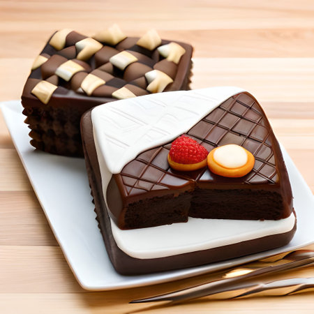 Chocolate cake on a plate with fork and knife on wooden backgroundの素材