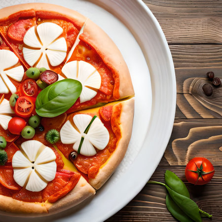 Italian pizza with mozzarella cheese and tomatoes on a wooden backgroundの素材