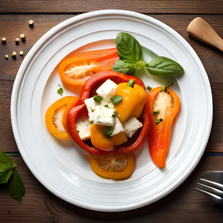 salad with paprika and feta cheese on a wooden backgroundの素材