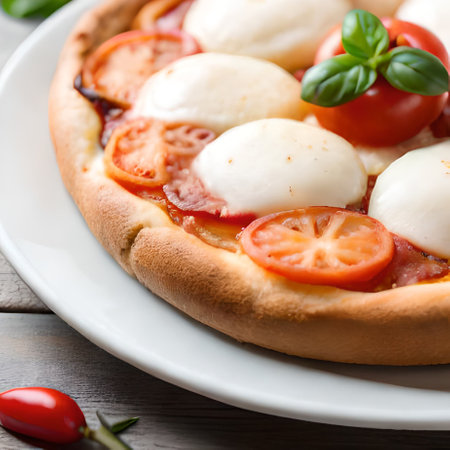Pizza with mozzarella, tomatoes and basil on white plateの素材