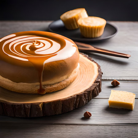 Caramel cake with caramel sauce on wooden background. Selective focus.の素材