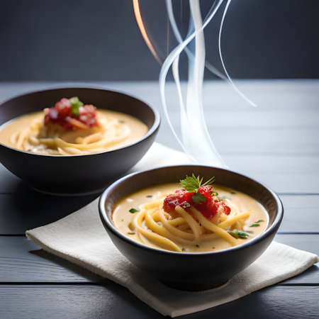 Two bowls of spaghetti carbonara with tomato sauce on a wooden tableの素材