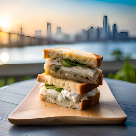 sandwich with chicken and vegetables on wooden plate with cityscape backgroundの素材