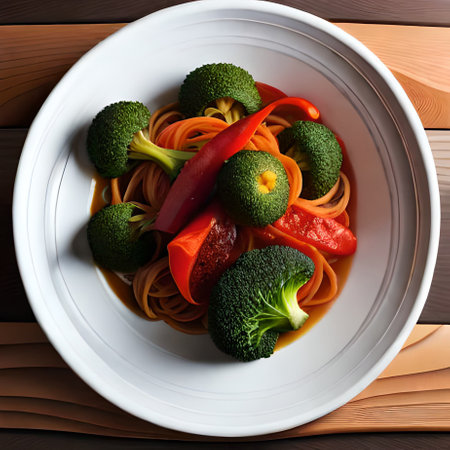 Spaghetti with vegetables on a white plate on a wooden background.の素材
