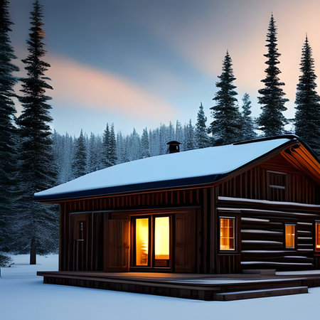 3D rendering of a log cabin in the forest at sunset.の素材