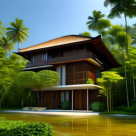 Modern house in tropical garden with palm trees and pond. 3d renderの素材
