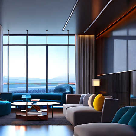 Interior of modern living room with blue sofa and coffee table. 3d renderの素材