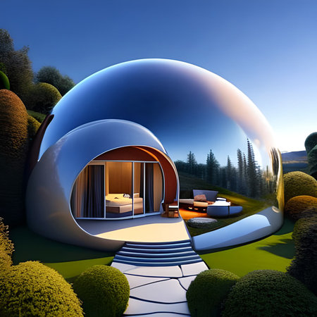 3D rendering of a modern house in the middle of a beautiful natureの素材