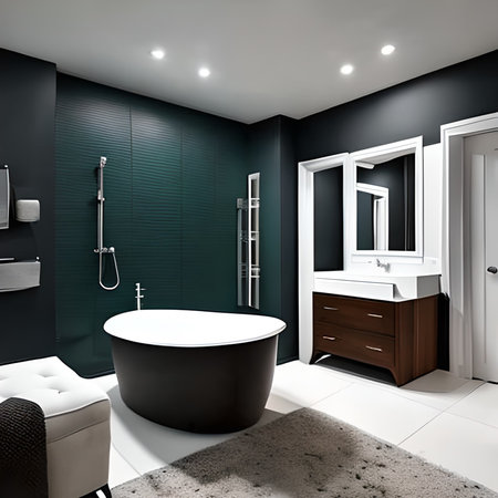 Bathroom with black walls, white floor, black bathtub and round mirror. 3d renderingの素材