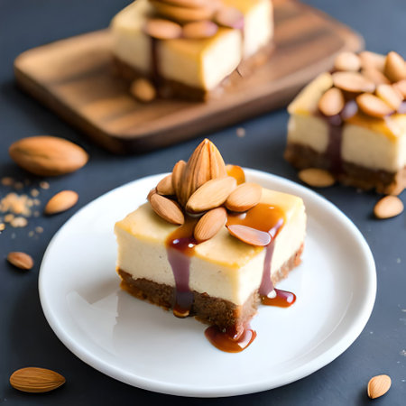 Piece of cheesecake with almonds and caramel sauce on dark backgroundの素材