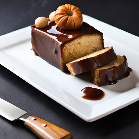 Pumpkin cake with chocolate glaze on a white plate.の素材