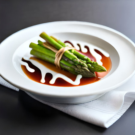 Asparagus with soy sauce on a white plate in a restaurantの素材