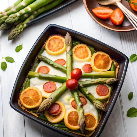 Asparagus tart with cheese, tomatoes and kumquatの素材