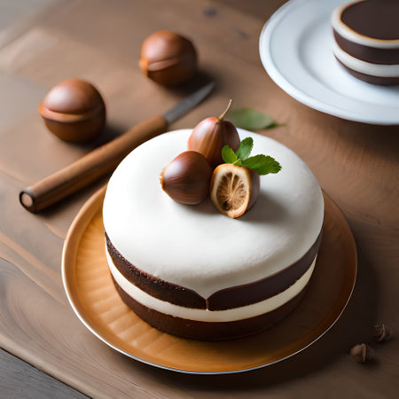 Chocolate cake with hazelnuts and mint on a wooden tableの素材