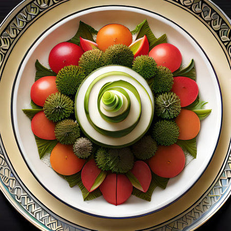 creative wedding cake with green leaves and cherry tomatoes, top viewの素材