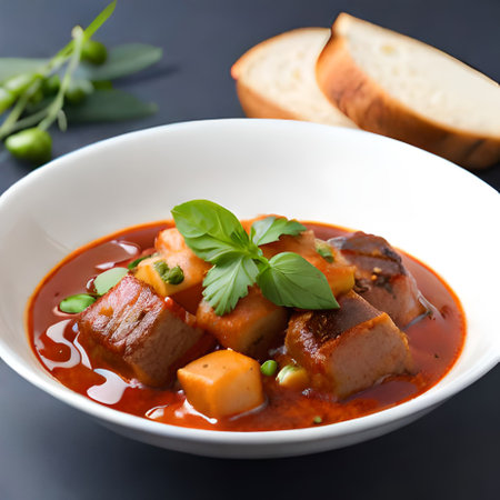 Beef stew in tomato sauce with parsley and toasted breadの素材
