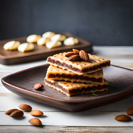 Chocolate biscuits with almonds on a wooden background. Selective focus.の素材