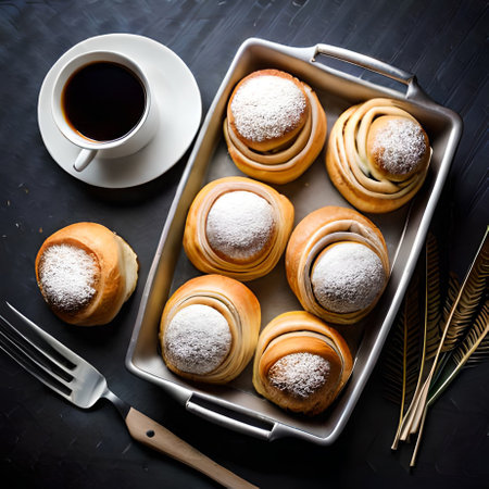 Homemade cinnamon buns with icing sugar and cup of coffee on black backgroundの素材