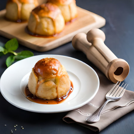 Homemade baked buns with caramel sauce on a black background.の素材