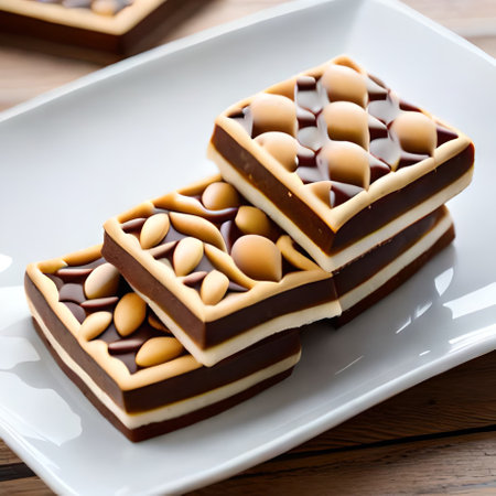 chocolate wafers with nuts on a white plate closeupの素材