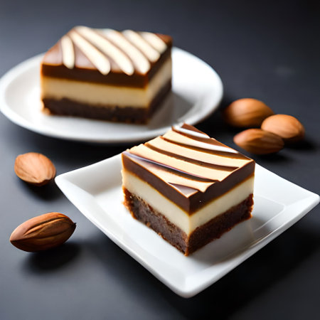 Piece of chocolate cheesecake with almonds on a black background.の素材