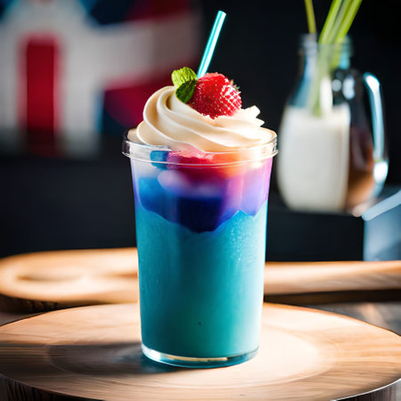 Blueberry and strawberry milkshake with whipped cream in glass.の素材