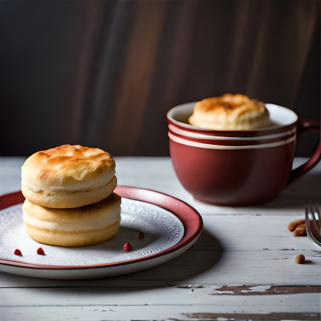 Pancakes on a plate and two cups of coffee on a wooden table.の素材
