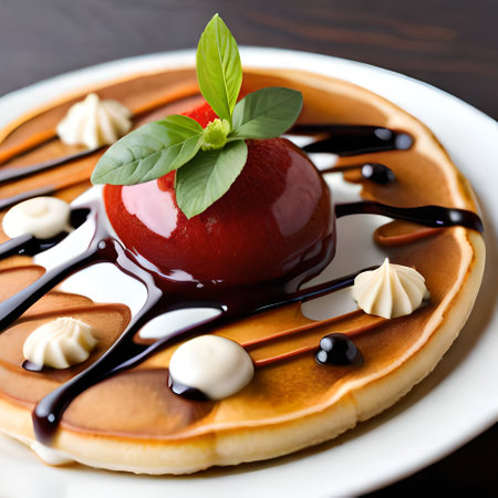 Pancakes with red apple and chocolate sauce on a wooden backgroundの素材