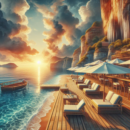 Wooden deck with chaise lounges and umbrellas on the background of the sea at sunsetの素材