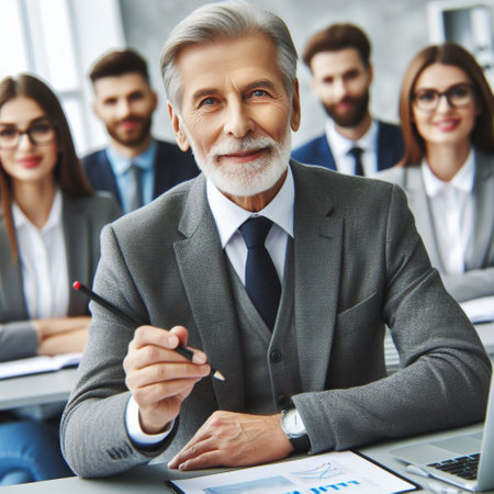 Portrait of smiling senior businessman sitting at workplace in office with colleagues.の素材