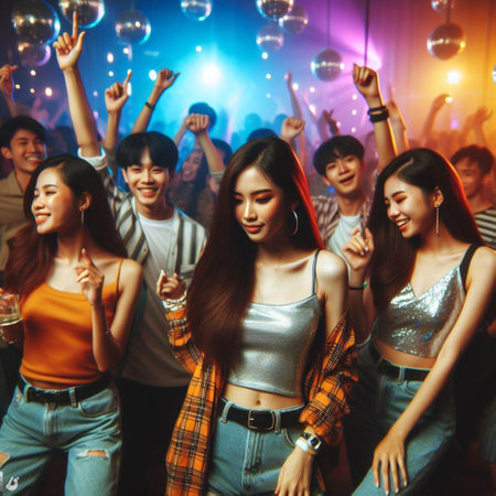 Group of young asian people dancing at night club with disco ball.の素材