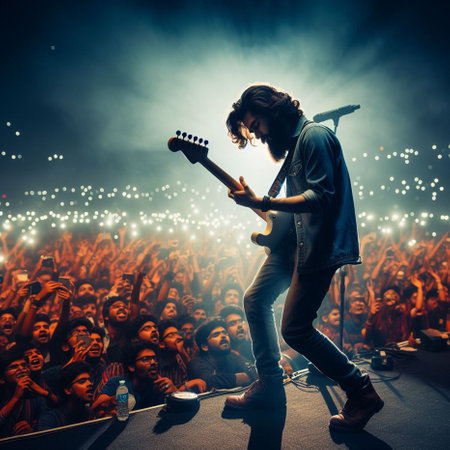Guitarist in front of a crowd at a live concert.の素材